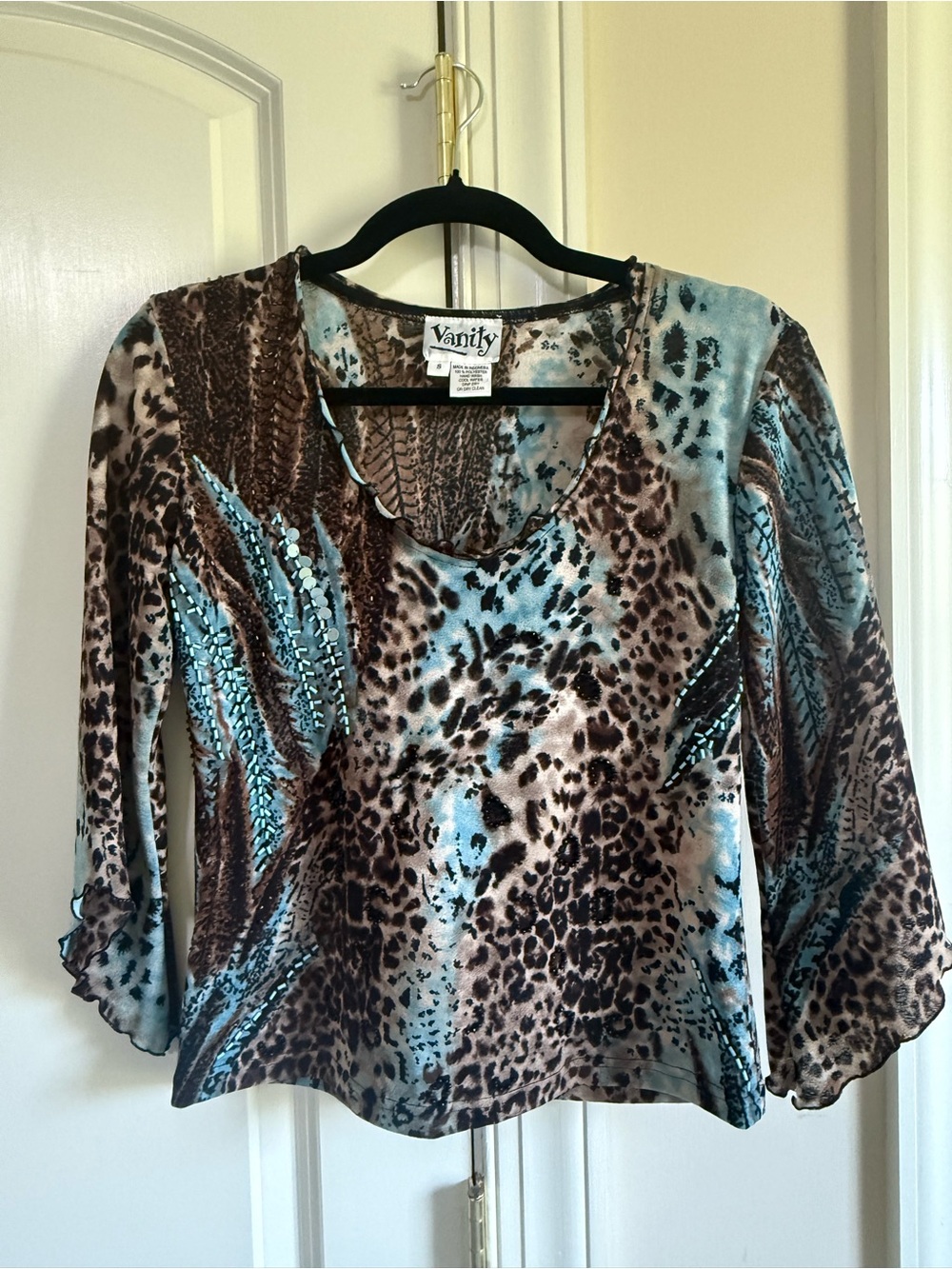 Vanity Brown and Blue Animal Print Scoop Neck Blouse